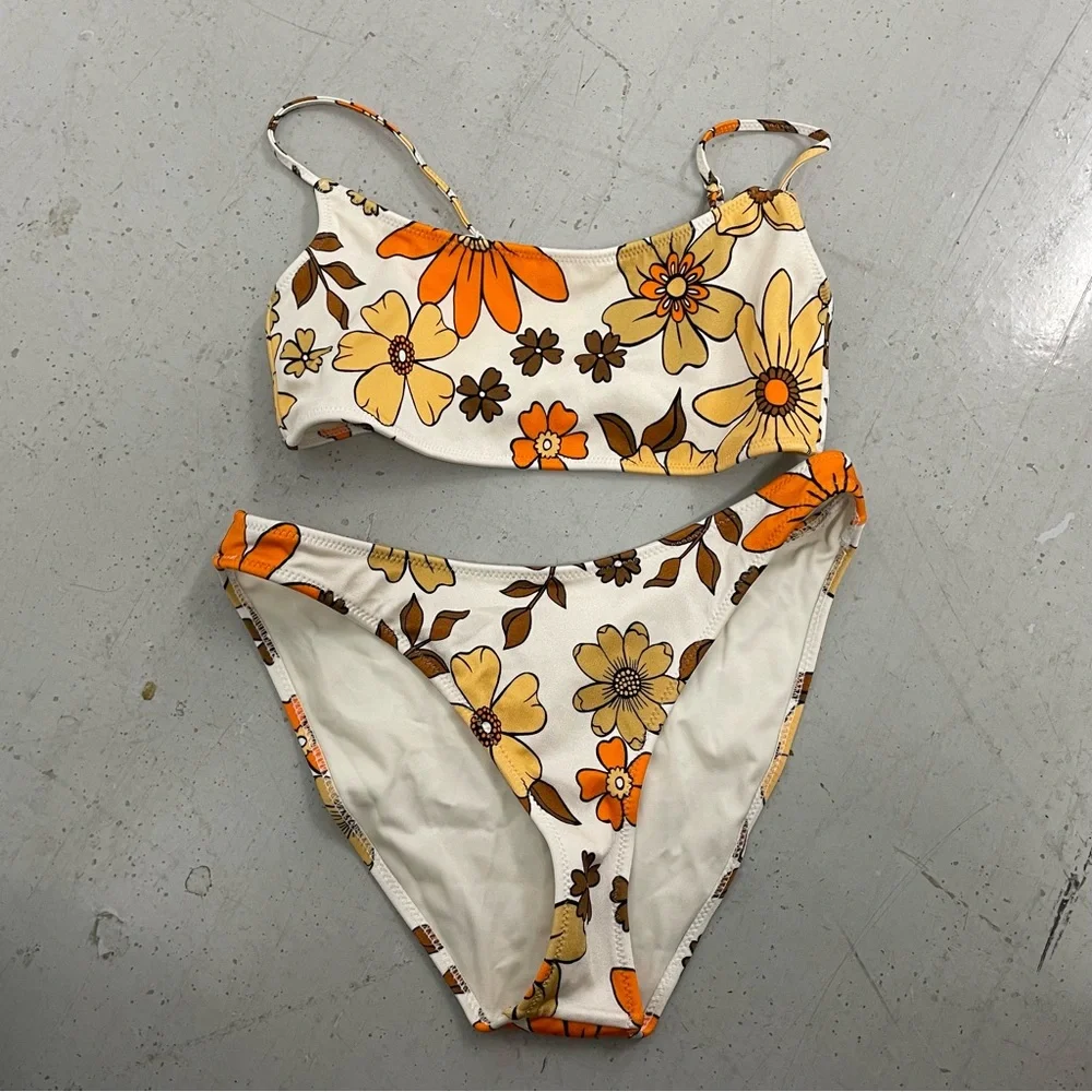 Triangl Swimwear Yellow Brown Retro Style Floral Print Bikini Size Medium
